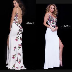 NEW Jovani Style 6150 white embroidered high slit column gown maxi dress 0